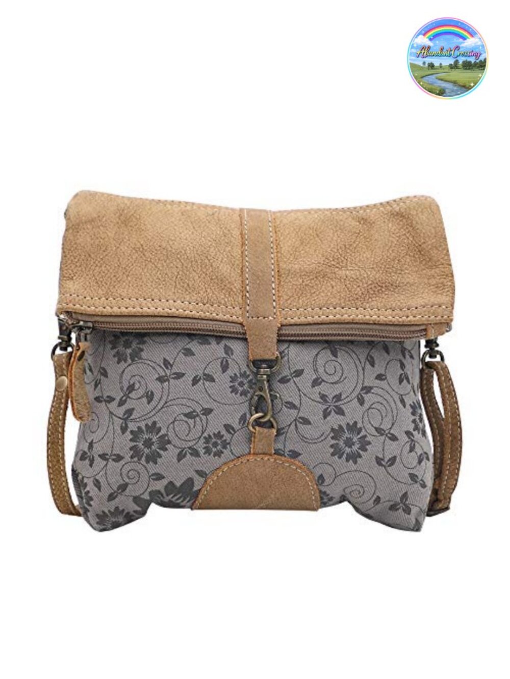 Canvas Crossbody Bag with Genuine Leather Trim Satchel Purse for Travel